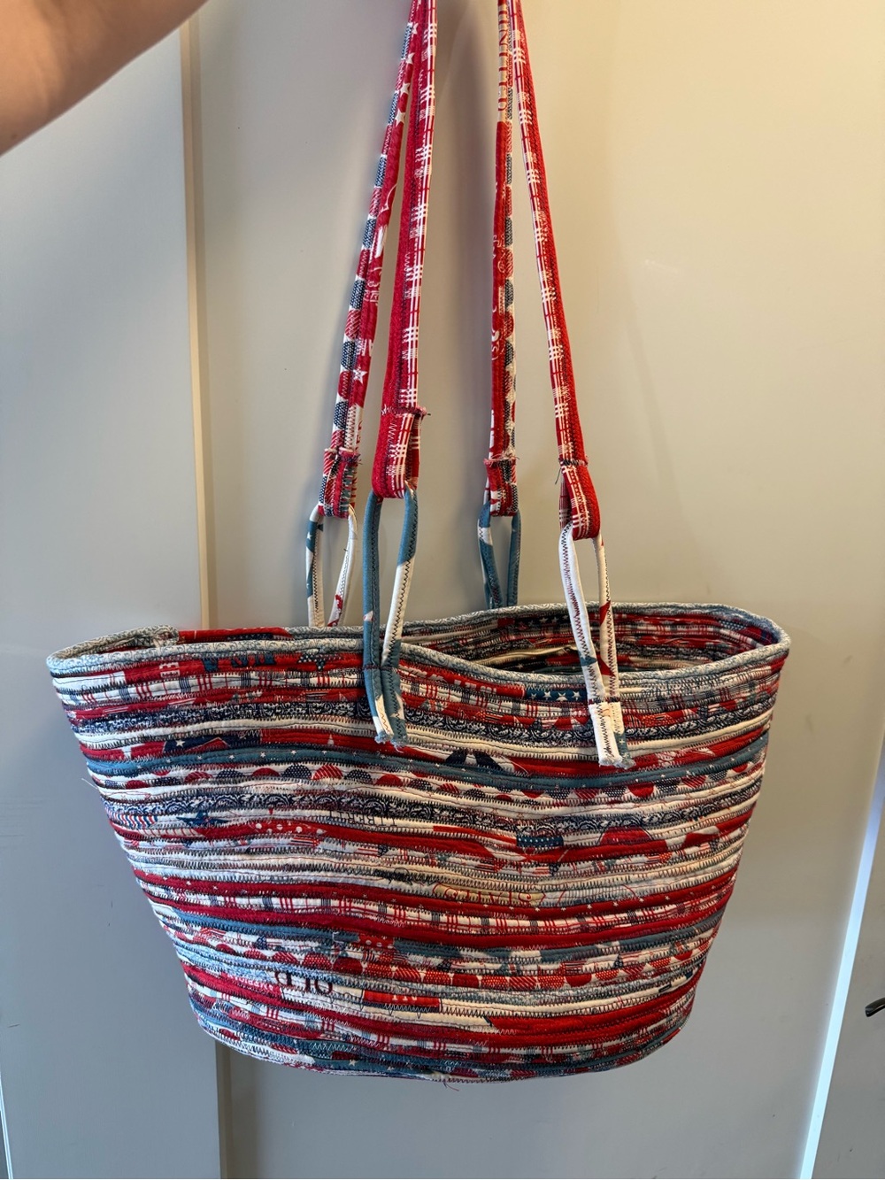 Handmade Recycled Fiber Tote Bag Red White Blue Patriotic Large Woven Cotton